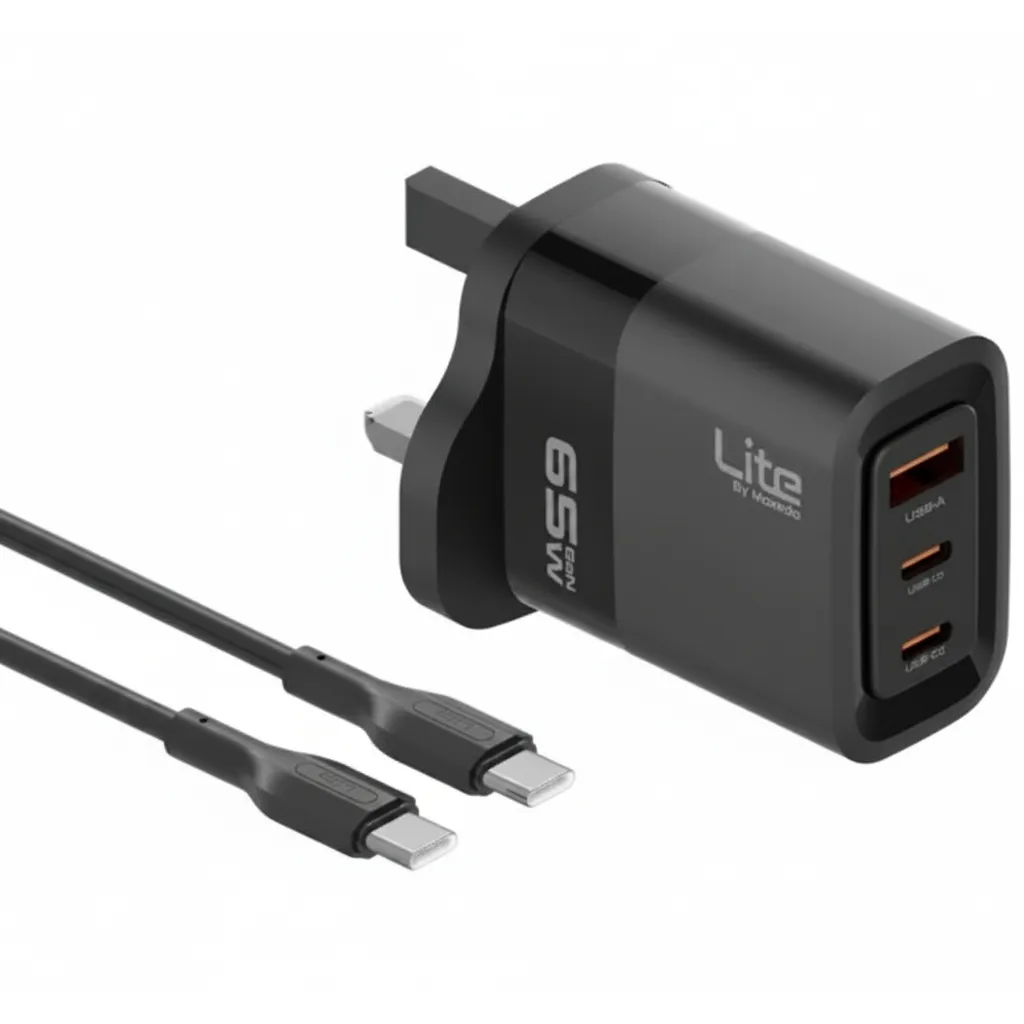 شاحن Moxedo 65W جان سريع مع منفذي USB-C ومنفذ USB-A واحد، وكابل USB-C، باللون الأسود، موديل ML-C013-C.