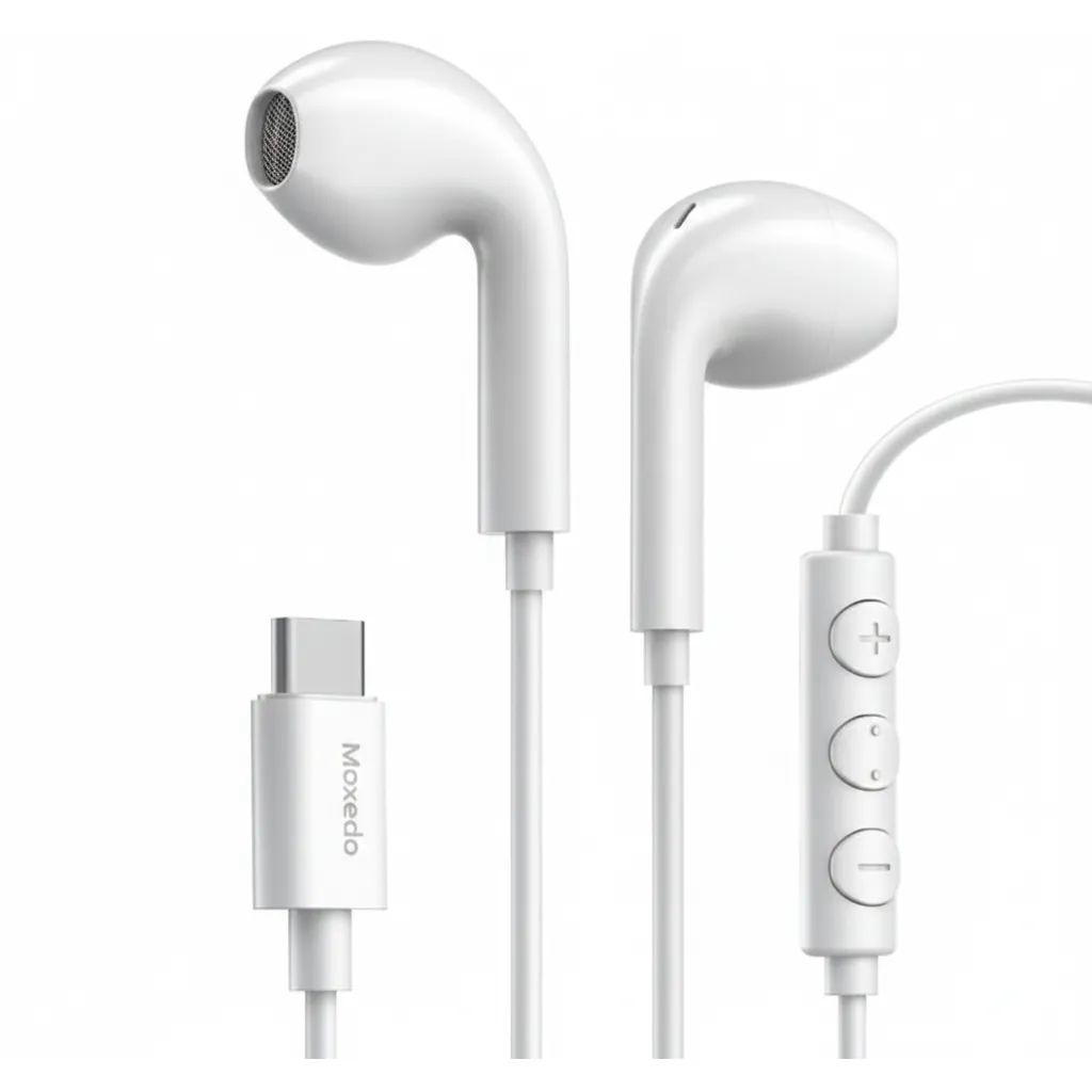 سماعات أذن Moxedo سلكية ستريو USB-C باللون الأبيض، طراز MX-STE012، لصوت واضح من أجهزة USB-C.