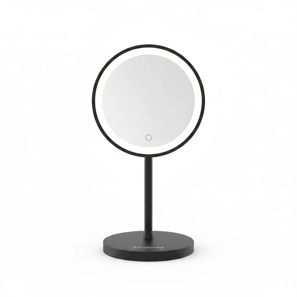 مرآة مكياج Moxedo Vanity MX-VMM012 باللون الأسود، مع إضاءة LED مدمجة لانعكاس واضح.