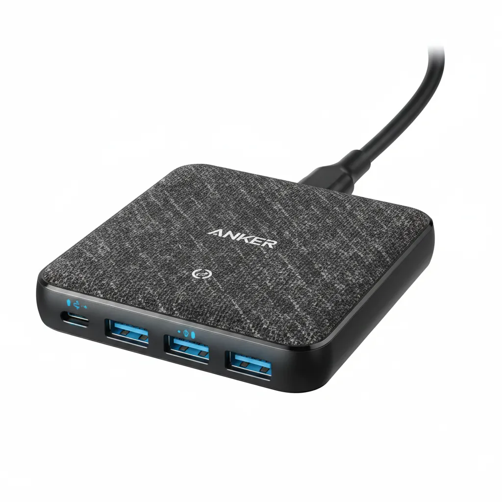 شاحن Anker PowerPort Atom III Slim 4 منافذ 65W PD+3 IQ موديل A2045K11 باللون الأسود، لشحن سريع لأجهزة متعددة.