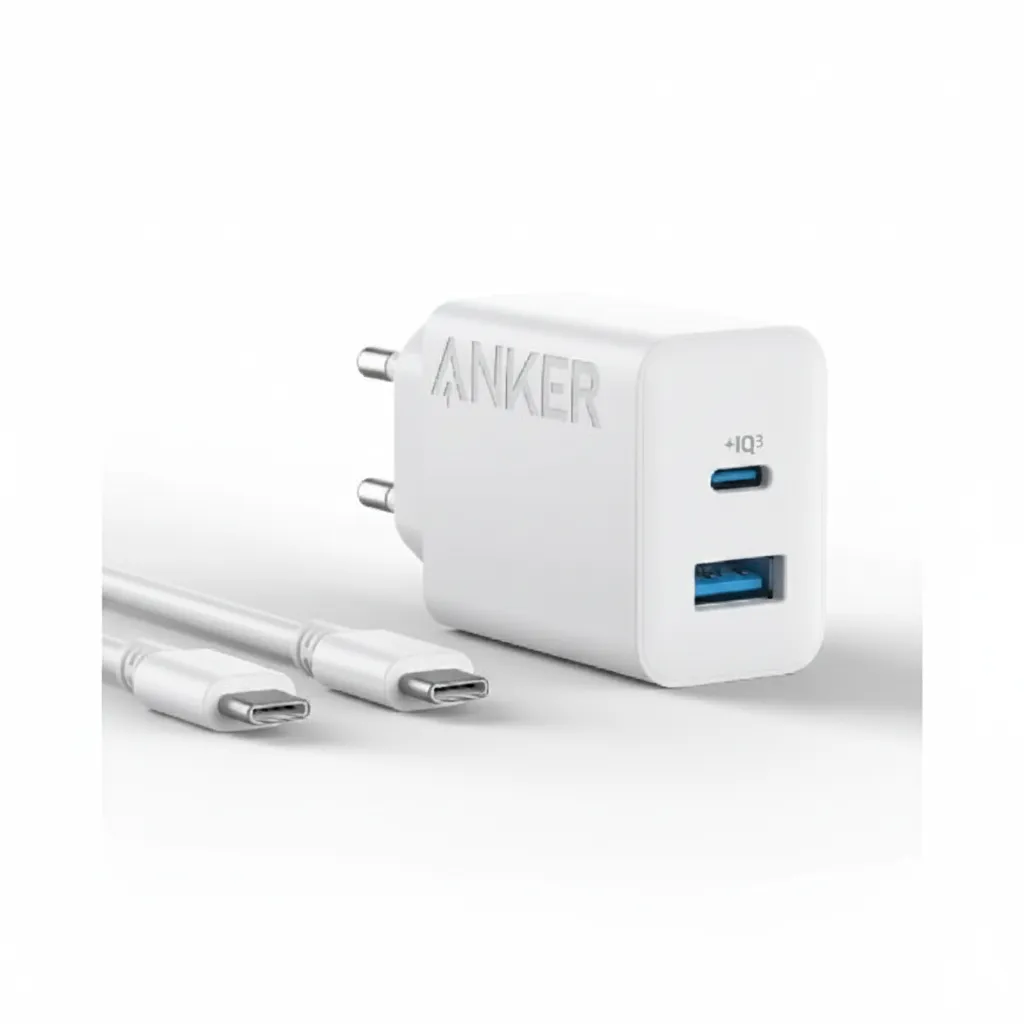 شاحن Anker سيليكت 20W بمنفذي USB-C و USB-A مع كابل USB-C، أبيض، موديل B2348K21.