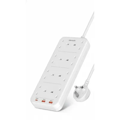 وصلة كهرباء Moxedo مع حماية من زيادة التيار، 8 مخارج AC، شحن USB-C PD بقدرة 20W، كابل 2 متر.