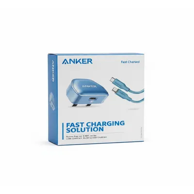 حل شحن iPhone من Anker باللون الأزرق، مع شاحن PowerPort III نانو 20W وكابل شحن PowerLine III فلو C.