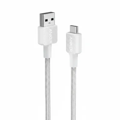 كيبل Anker 322 مجدول USB-A إلى USB-C باللون الأبيض، بطول 6ft، للشحن ونقل البيانات.