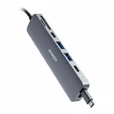 موزع Anker 7-in-2 USB-C موديل A8371HA1 باللون الرمادي، مصمم لأجهزة الإدخال المزدوج USB-C، يتوسع إلى 7 منافذ.