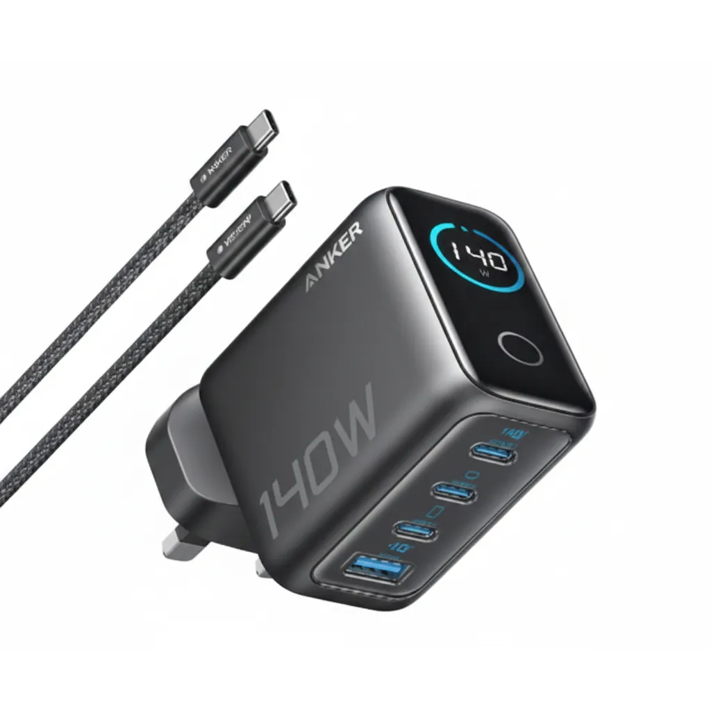 شاحن Anker 140W بأربعة منافذ PD 3.1 موديل B2697KZ1 باللون الأسود، مع كابل USB-C مرفق.