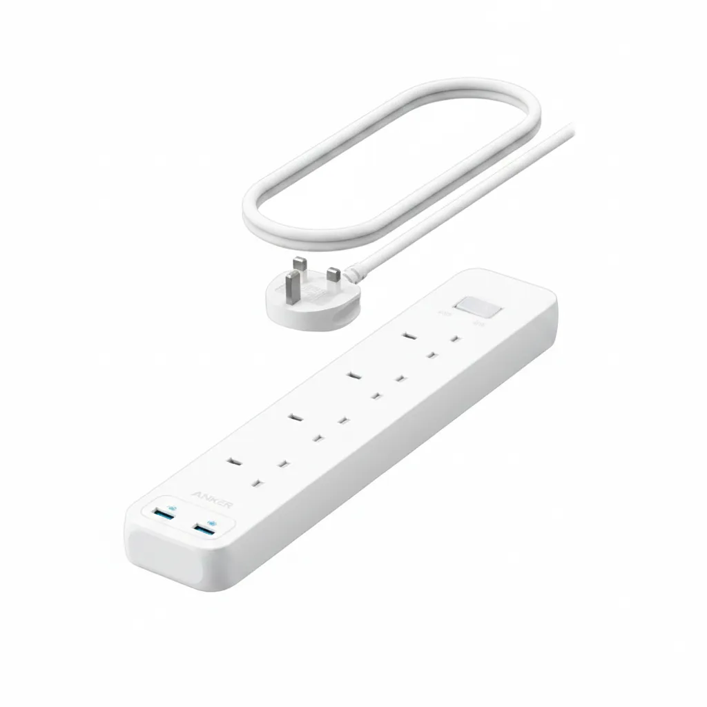 وصلة Anker 322 USB باور Strip (A9142K21) باللون الأبيض، توفر منافذ AC وشحن USB.