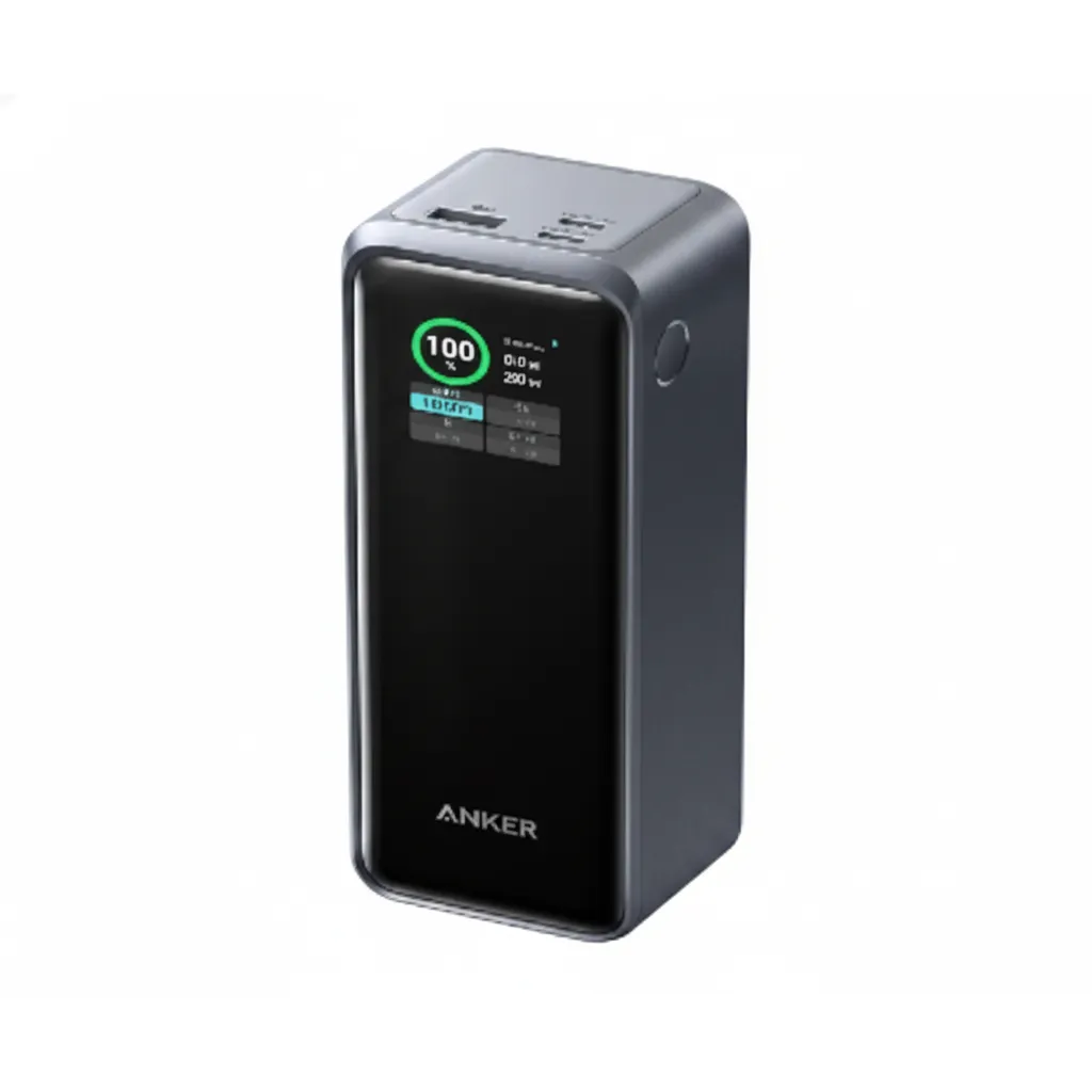 بنك الطاقة Anker Prime بسعة 27650 mAh وقوة 250W (A1340011) باللون الأسود، يوفر شحنًا محمولاً لأجهزة متعددة.