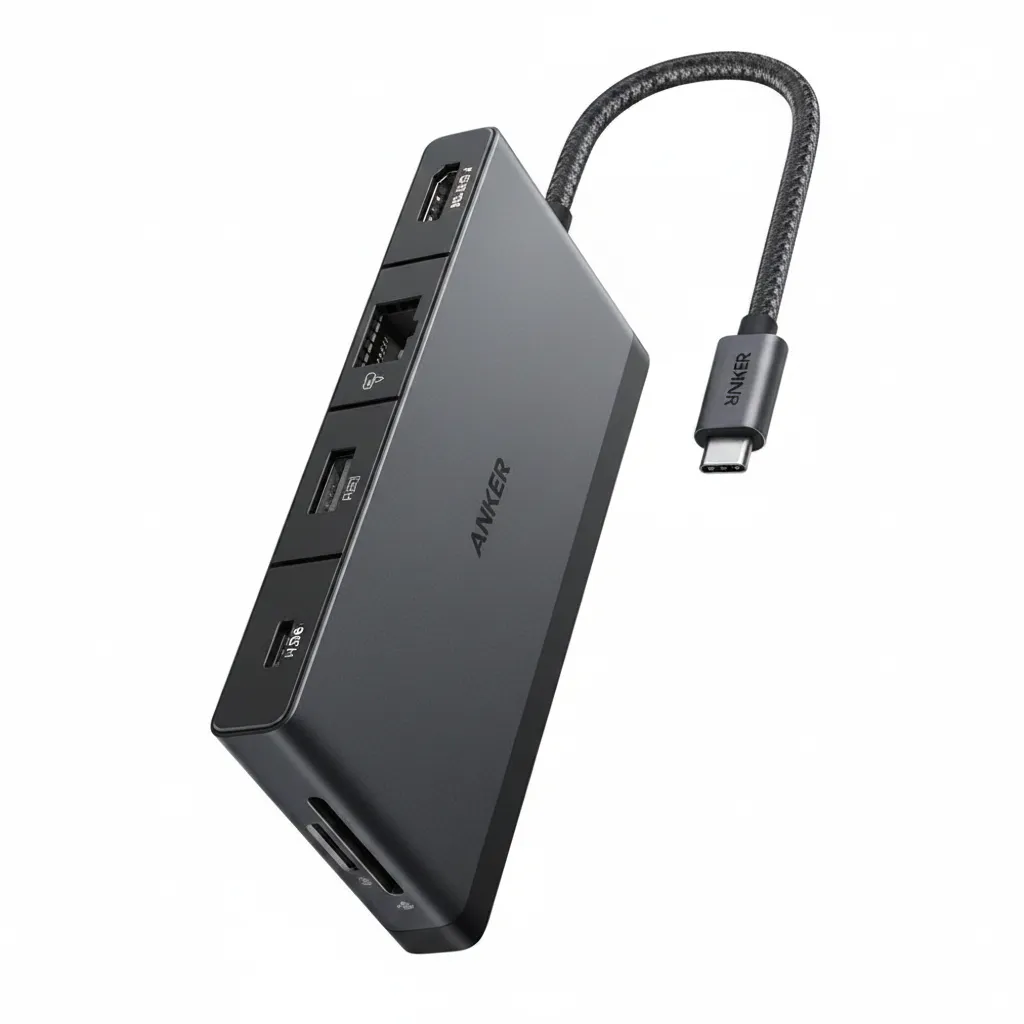 موزع Anker 552 9-in-1 USB-C موديل A8373H11، موزع رمادي متعدد الاستخدامات مع منفذ HDMI 4K لتوسيع خيارات الاتصال.