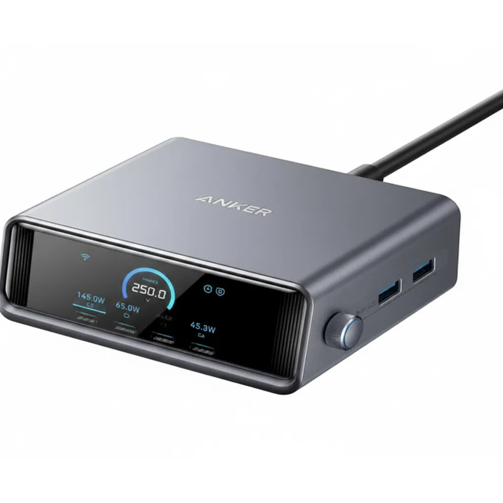 شاحن Anker Prime 250W جان (A2345241) باللون الأسود، مع 4 منافذ USB-A و 2 USB-C.