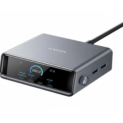 شاحن Anker Prime 250W جان (A2345241) باللون الأسود، مع 4 منافذ USB-A و 2 USB-C.