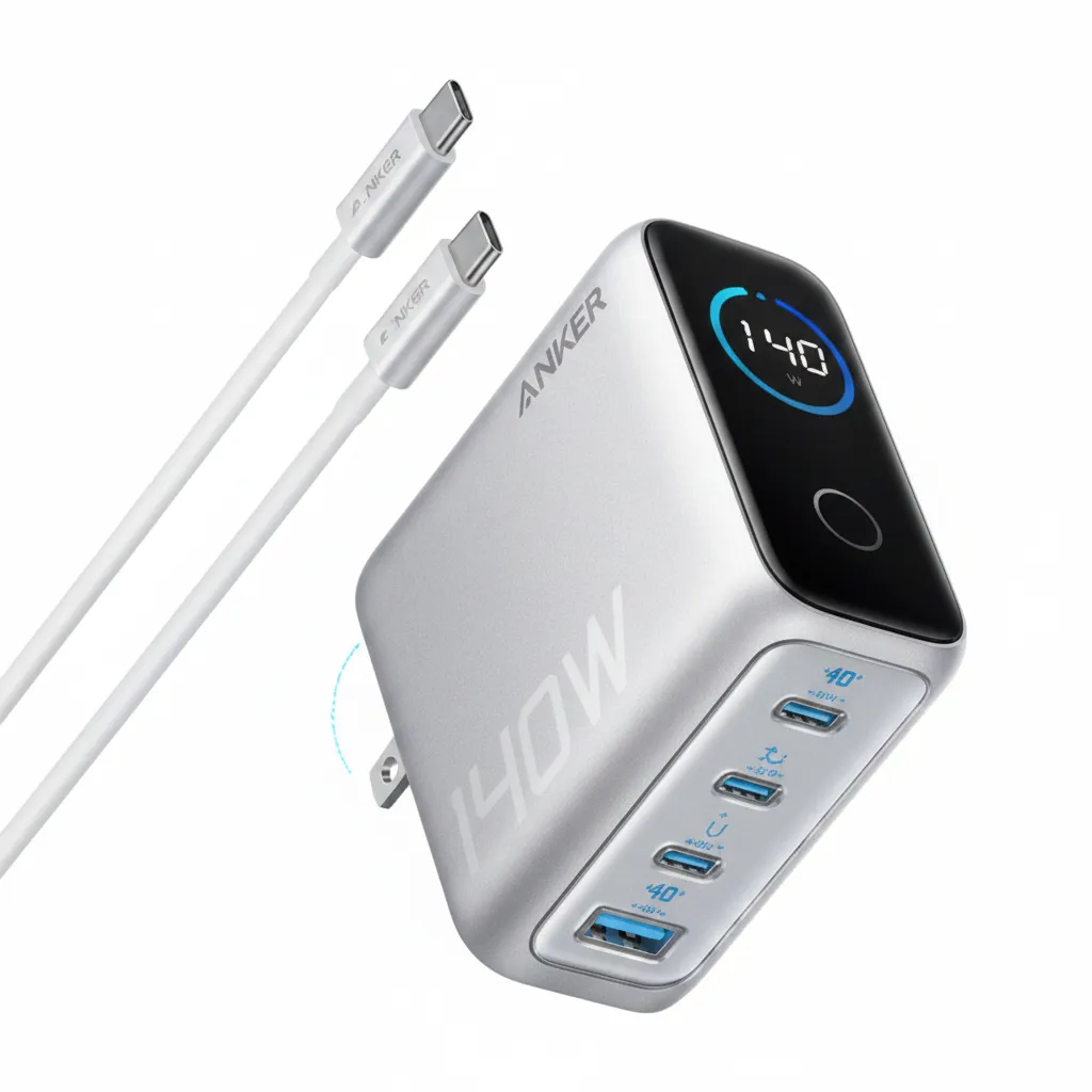 شاحن Anker 140W بأربعة منافذ PD 3.1 موديل B2697K41 باللون الفضي، مع كابل USB-C مرفق.