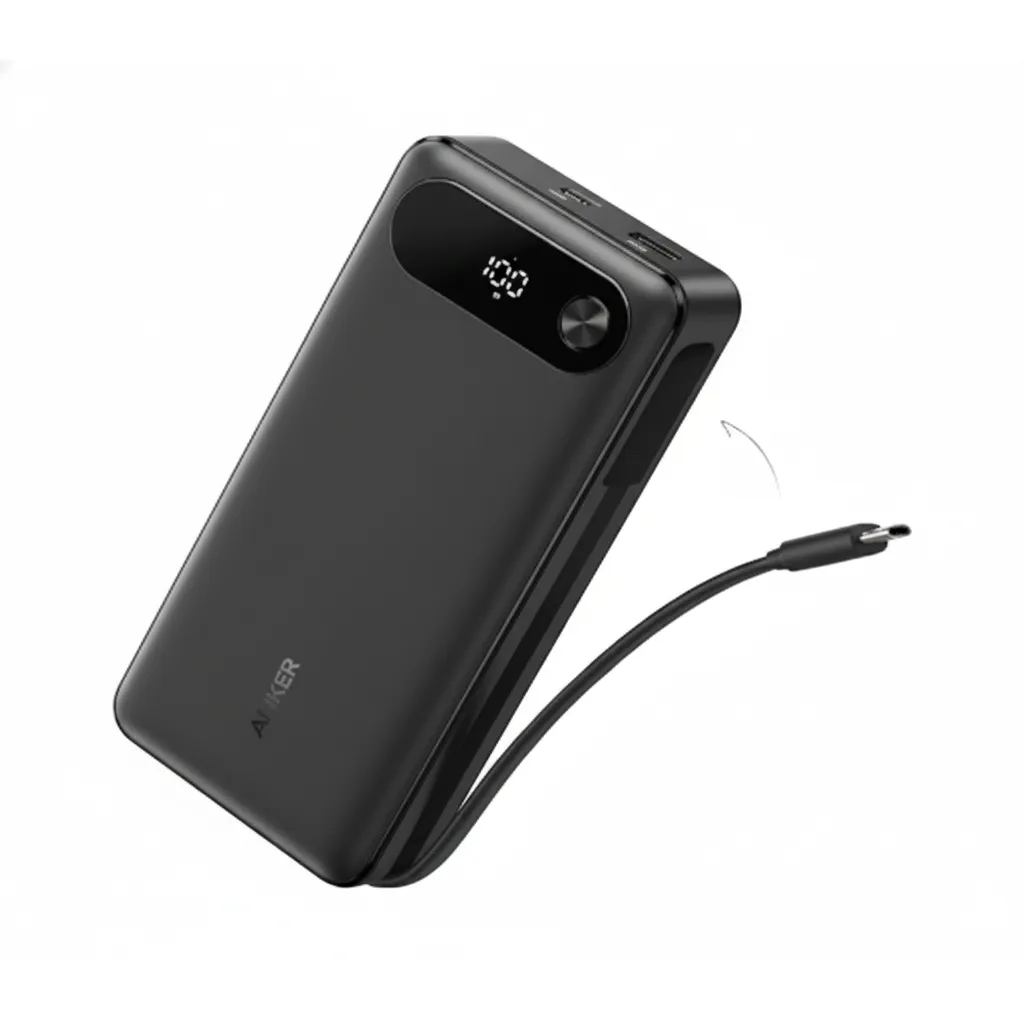 بنك الطاقة Anker (A1383H11) باللون الأسود، سعة 20,000 mAh، إخراج 87W، مع كابل شحن USB-C مدمج.