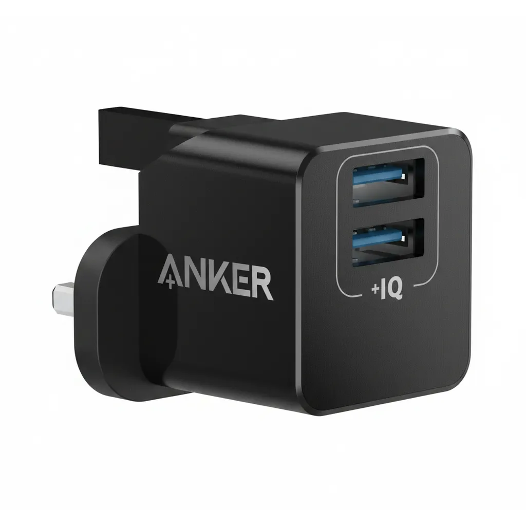 شاحن Anker PowerPort ميني بمنفذي USB-A باللون الأسود، موديل A2620K12، لشحن الأجهزة بشكل خفي.