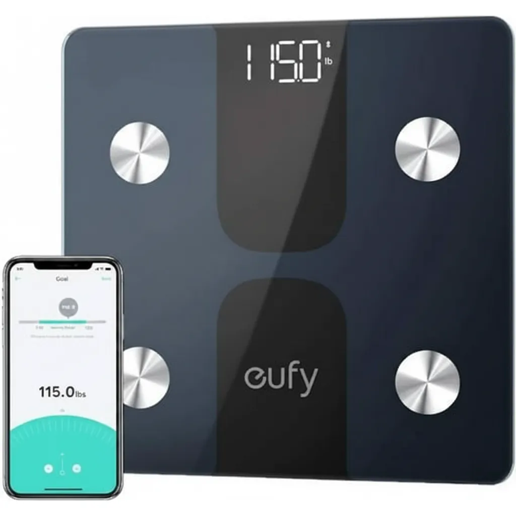 ميزان Anker Eufy الذكي C1 (T9146H11) باللون الأسود، يظهر سطحًا زجاجيًا أنيقًا لتتبع 12 مؤشرًا للجسم عبر Bluetooth 4.2.