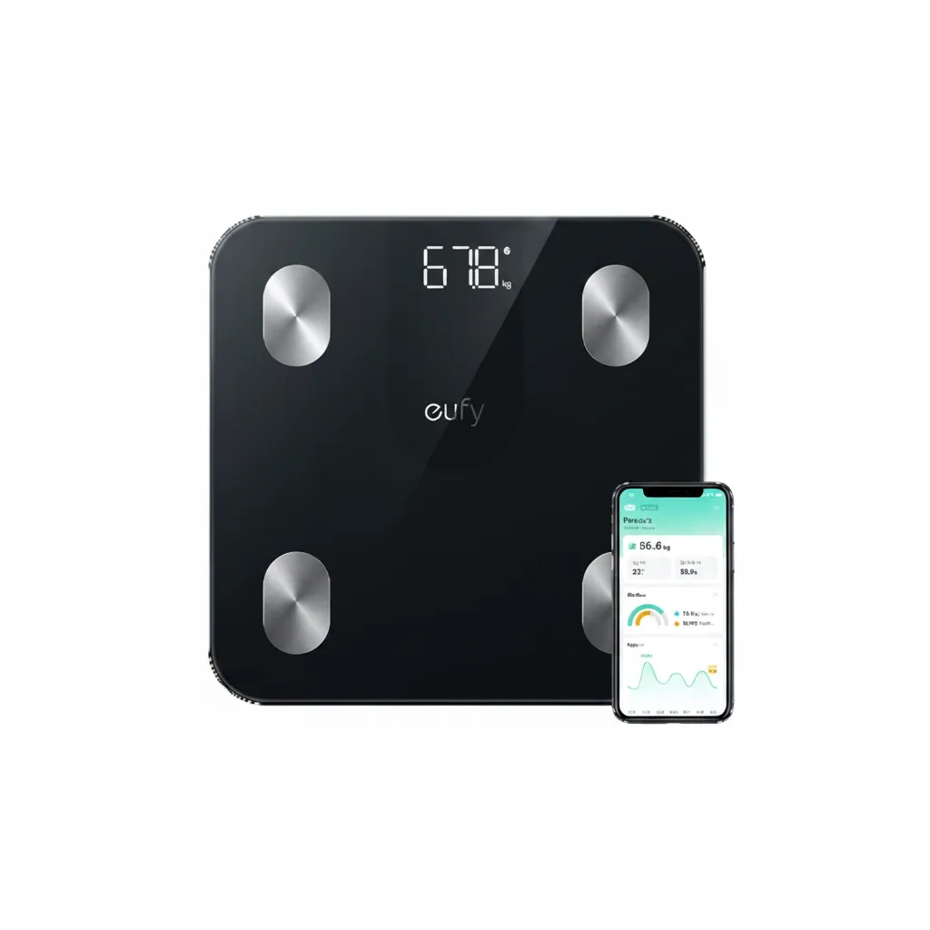 ميزان Anker Eufy الذكي C20 (T9130011) باللون الأسود، يظهر سطحًا زجاجيًا أنيقًا لتتبع 12 مؤشرًا للجسم.
