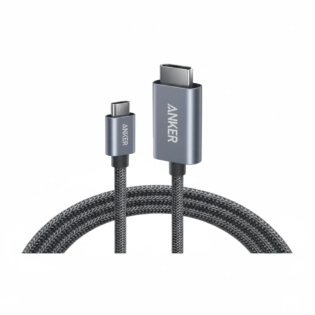 كيبل Anker نانو USB-C to HDMI مضفر، بطول 3 ft، بدقة 4K، أسود، موديل A87E0H11، يربط جهازًا بشاشة عرض.