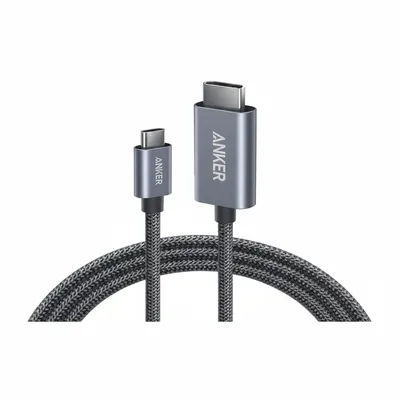 كيبل Anker نانو USB-C to HDMI مضفر، بطول 3 ft، بدقة 4K، أسود، موديل A87E0H11، يربط جهازًا بشاشة عرض.