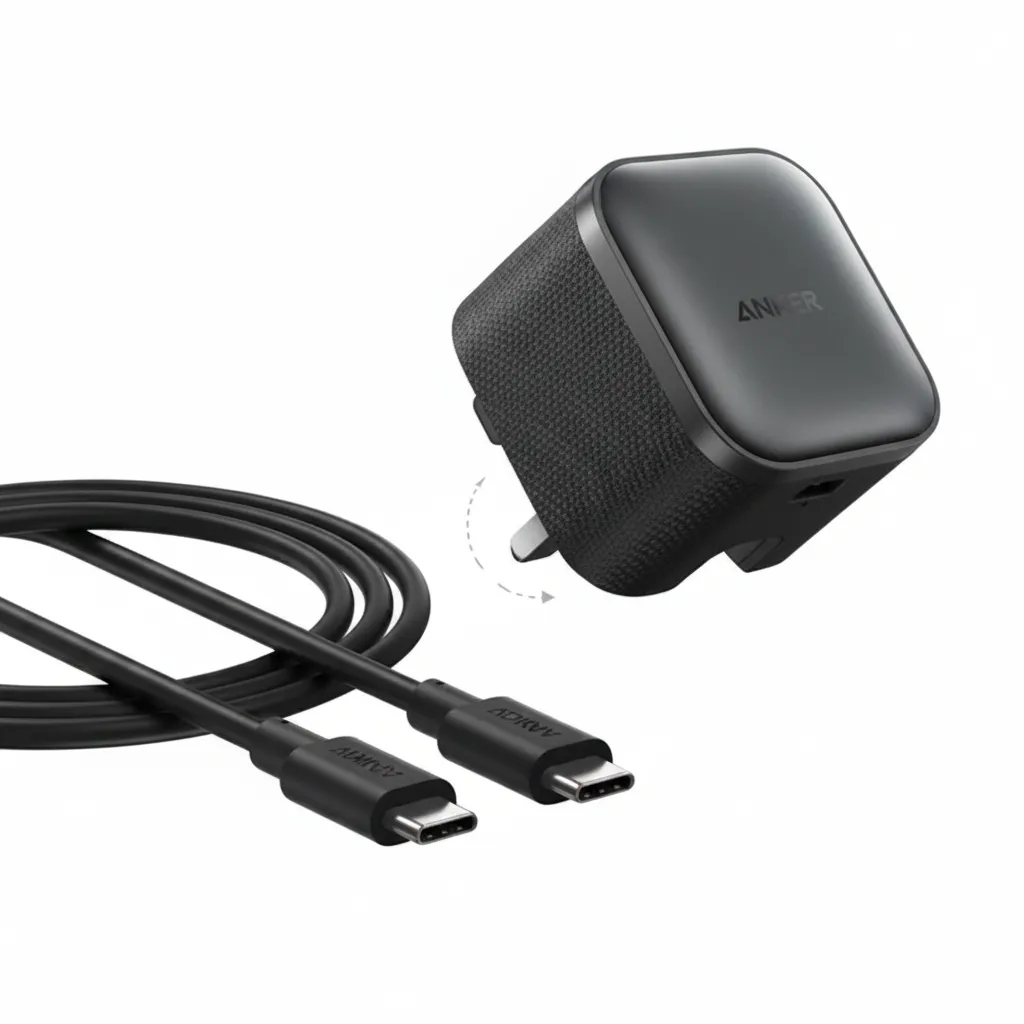 شاحن Anker نانو 45W موديل B2692K11 باللون الأسود، مع كابل USB-C مرفق.