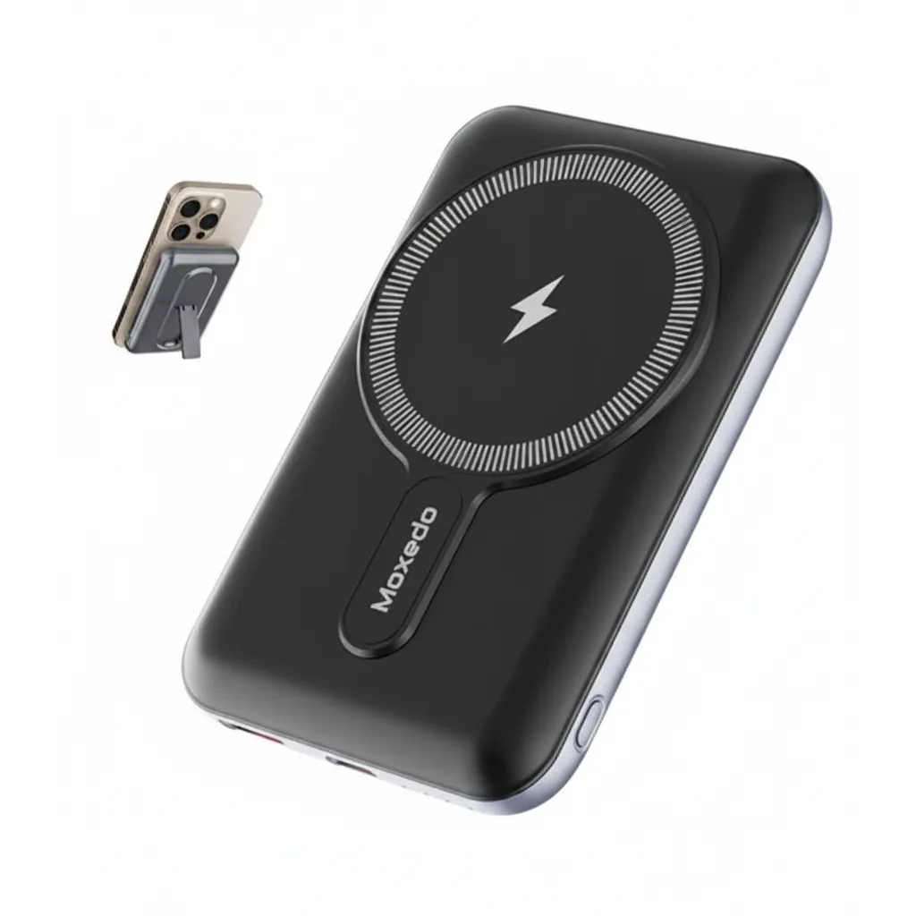 بنك طاقة Moxedo Porta-Go بسعة 10,000 mAh مع شحن لاسلكي باللون الأسود وحامل مدمج، MX-WPB019.