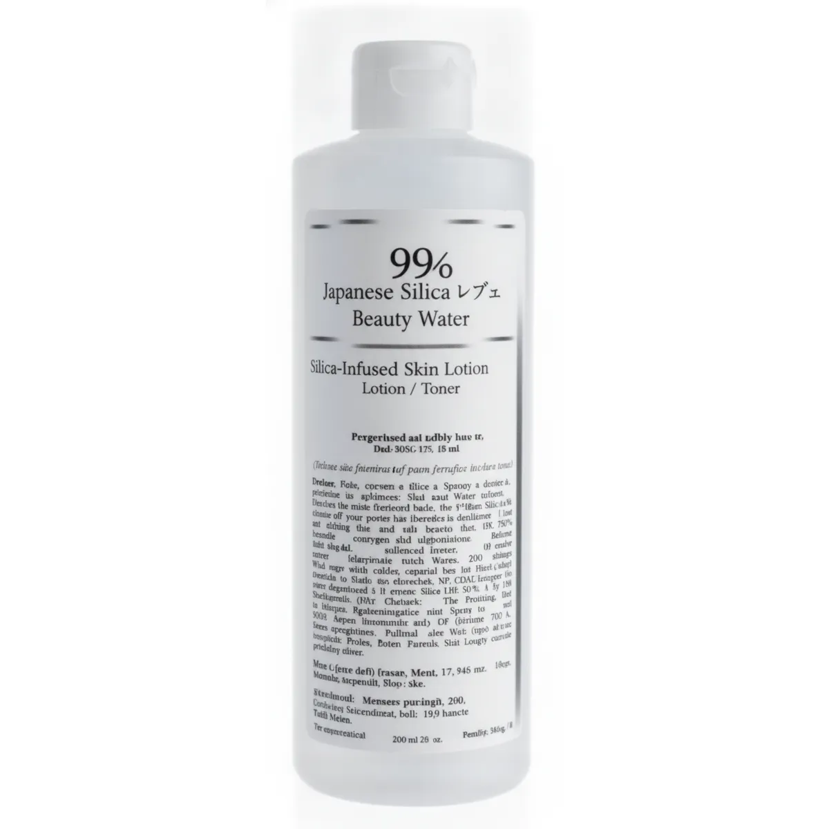White cylindrical bottle of Japanese Silica Beauty Water with a flip cap, containing a liquid lotion.
