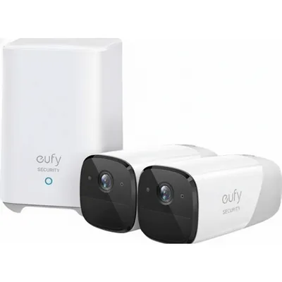 طقم Anker Eufy Cam 2 برو 2+1 T88513D1 باللون الأبيض، يظهر كاميرتي أمان لاسلكيتين ووحدة HomeBase.