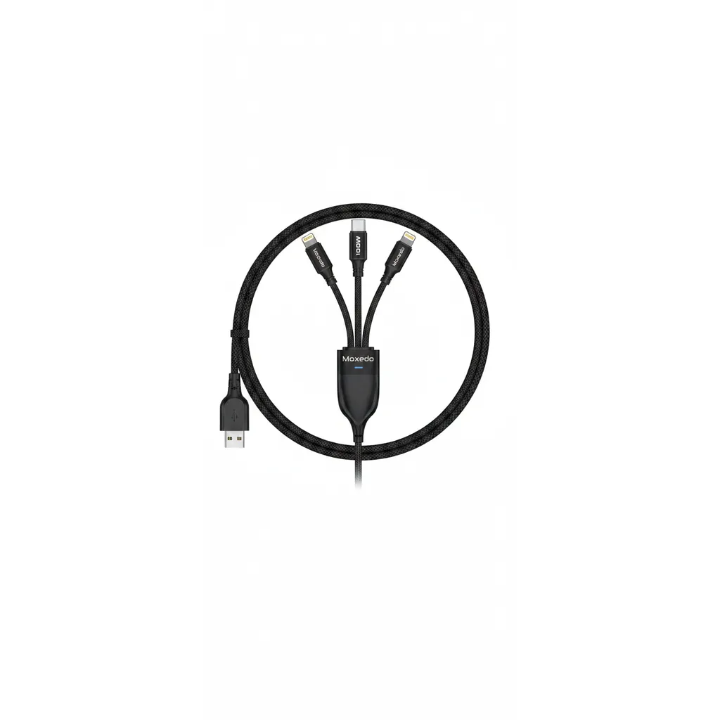 كيبل Moxedo مجدول 3 في 2 باللون الأسود، يوفر إدخال USB-A/USB-C إلى إخراج 2x لايتننج/USB-C لشحن متعدد الاستخدامات.