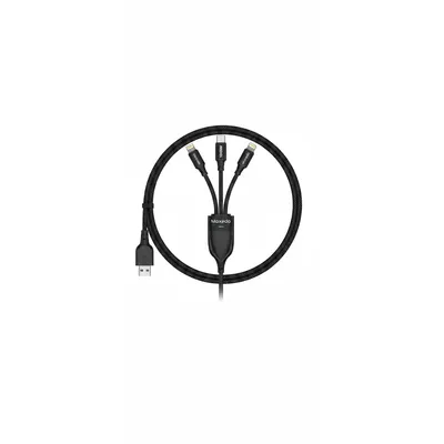 كيبل Moxedo مجدول 3 في 2 باللون الأسود، يوفر إدخال USB-A/USB-C إلى إخراج 2x لايتننج/USB-C لشحن متعدد الاستخدامات.
