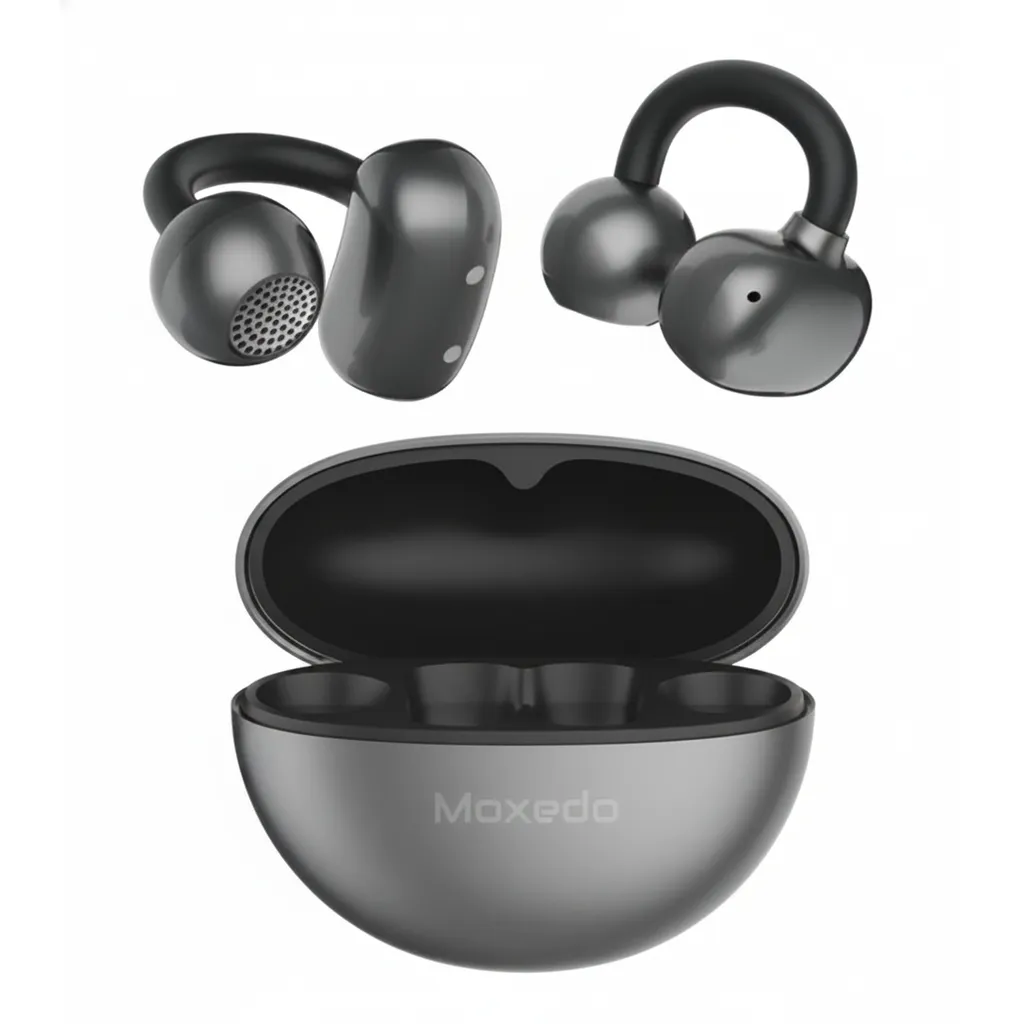 سماعات أذن Moxedo True لاسلكي S8 باللون الرمادي، طراز MX-TWS017-GY، توفر صوتاً واضحاً للمكالمات والموسيقى.