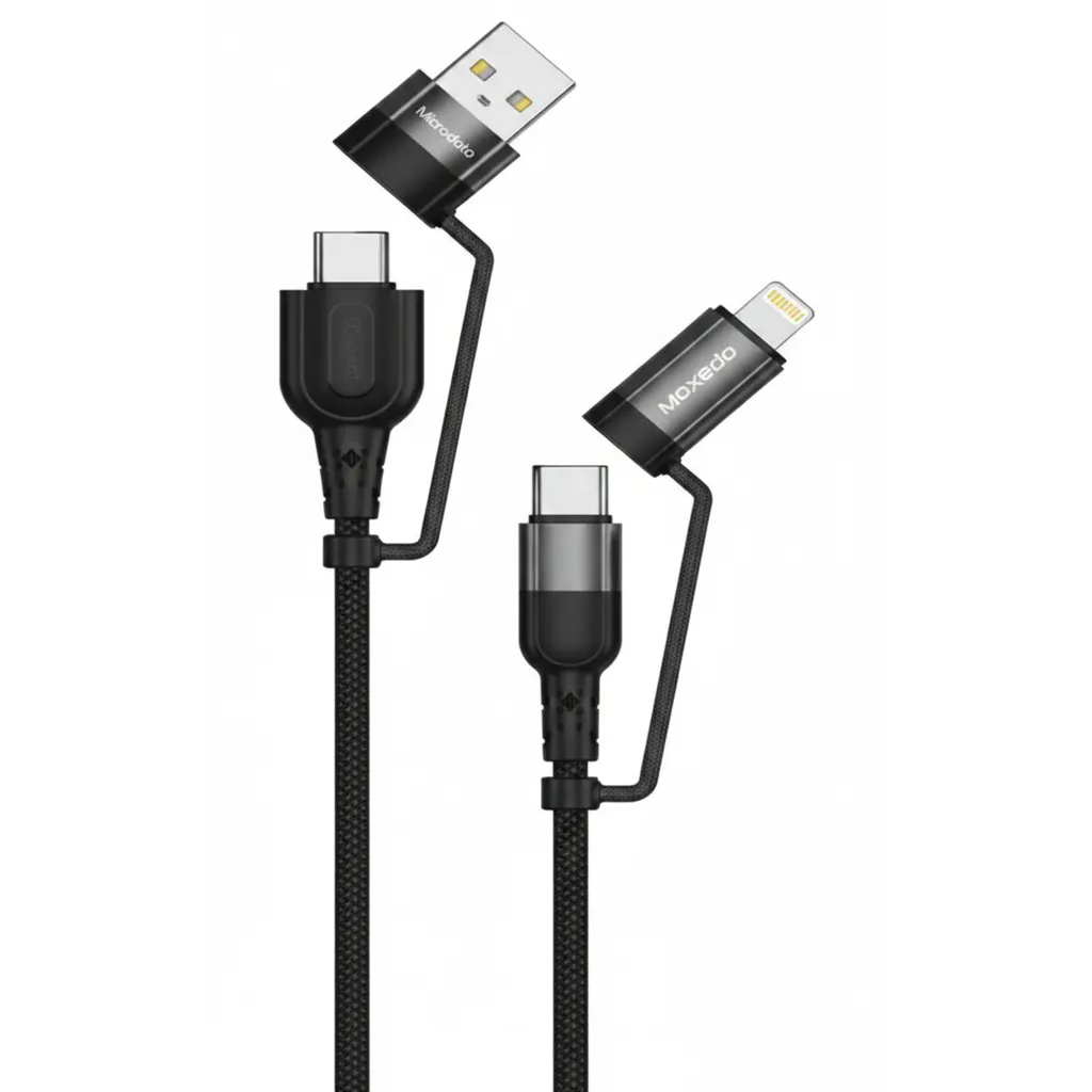 كابل شحن Moxedo 4-in-1 مجدول قابل للتبديل باللون الرمادي، مع موصلات USB-A و USB-C و لايتننج، موديل MX-NC.
