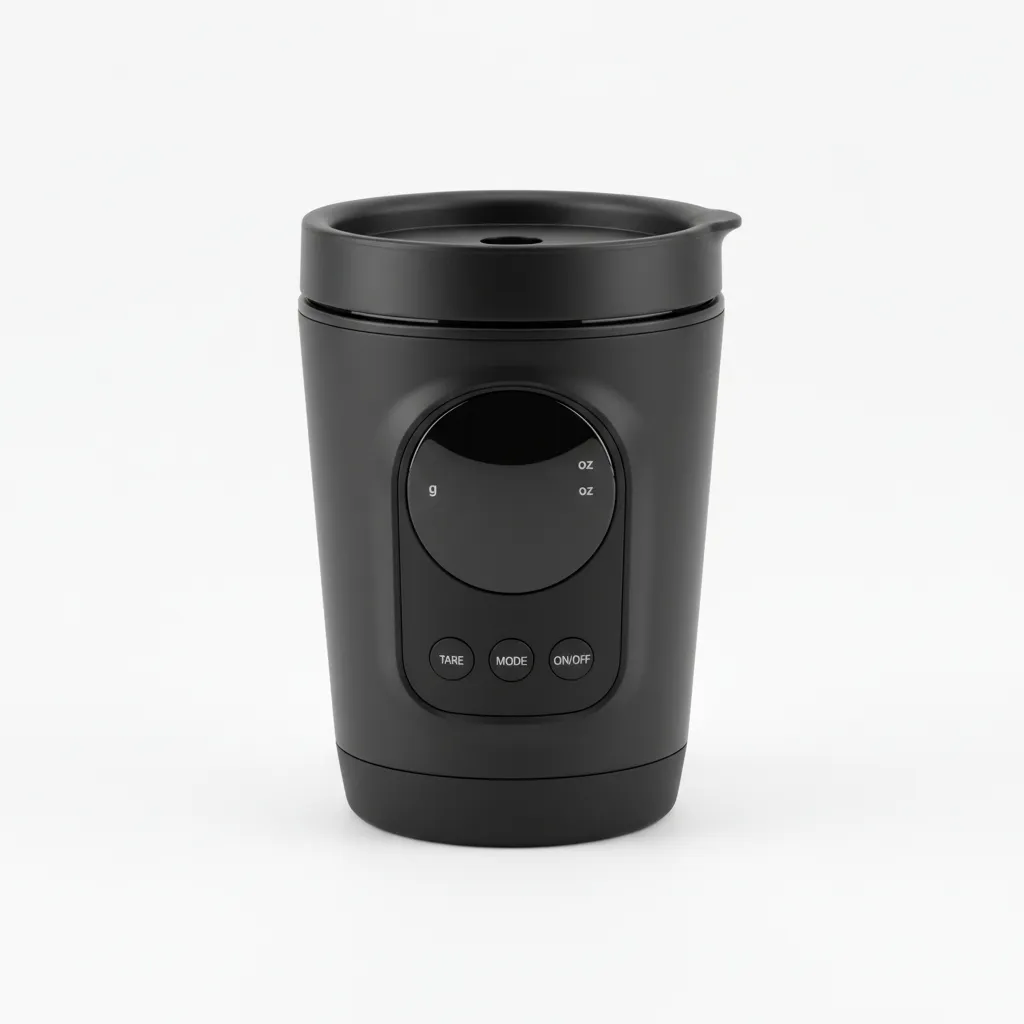كوب Macnoa Coffee MacScale أسود، ميزان قهوة رقمي دقيق مصمم لقياسات تحضير القهوة بدقة.