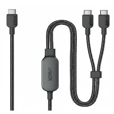 كيبل Anker 2 في 1 USB-C إلى USB-C باللون الأسود، بطول 4ft، يدعم توصيل طاقة 140W للشحن السريع.