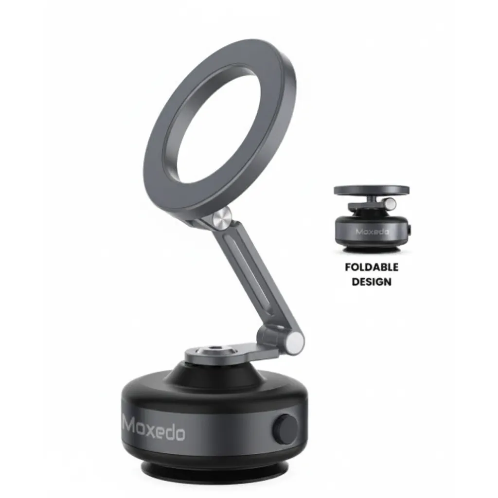 حامل هاتف Moxedo Vacuum Suction Electric Magnetic MX-CM061 باللون الأسود، مع شفط كهربائي فراغي وقبضة مغناطيسية للهاتف.