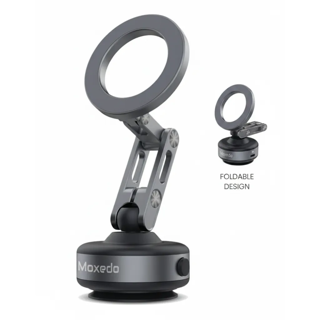 حامل هاتف Moxedo Vacuum Suction Electric Magnetic MX-CM060 باللون الأسود، مع شفط كهربائي فراغي وقبضة مغناطيسية للهاتف.