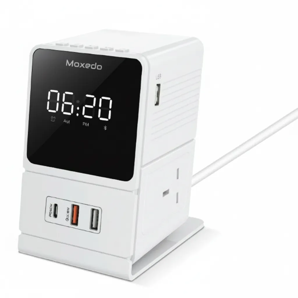 محور شحن مكتبي Moxedo 3250W باللون الأبيض، موديل MX-DCH020-WH، مع مقابس AC ومنافذ USB متعددة.