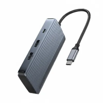 موزع Anker 7-in-1 Dual Display USB-C موديل A8374AA1 باللون الرمادي، لتوسيع خيارات الاتصال ودعم شاشتين خارجيتين.