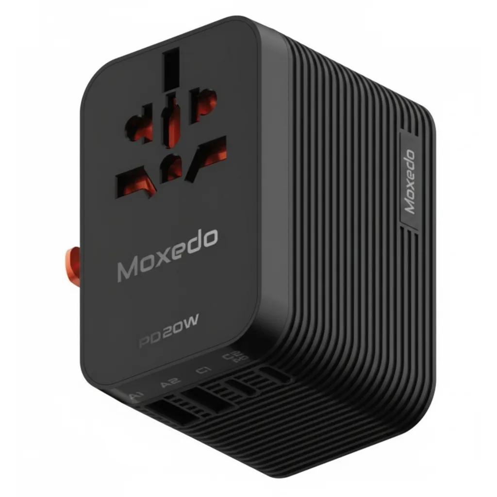 محول السفر Moxedo Universal Plug+ 20W جان موديل MX-TA027 باللون الأسود، للشحن العالمي السريع.