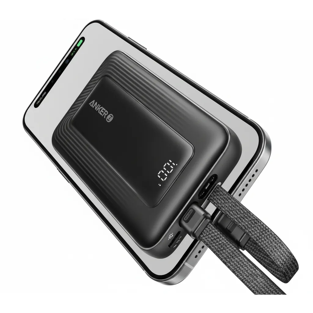 بنك الطاقة Anker Zolo بسعة 20000 mAh وقوة 30W (A1681H11) مع كابلات USB-C و لايتننج مدمجة باللون الأسود.