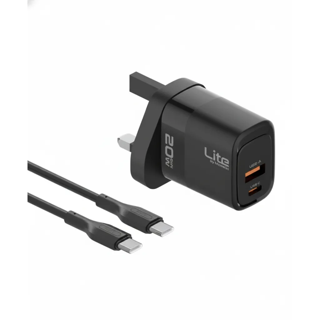 شاحن Moxedo 20W جان سريع مع منافذ USB-C و USB-A وكابل USB-C، باللون الأسود، موديل ML-C012-C.