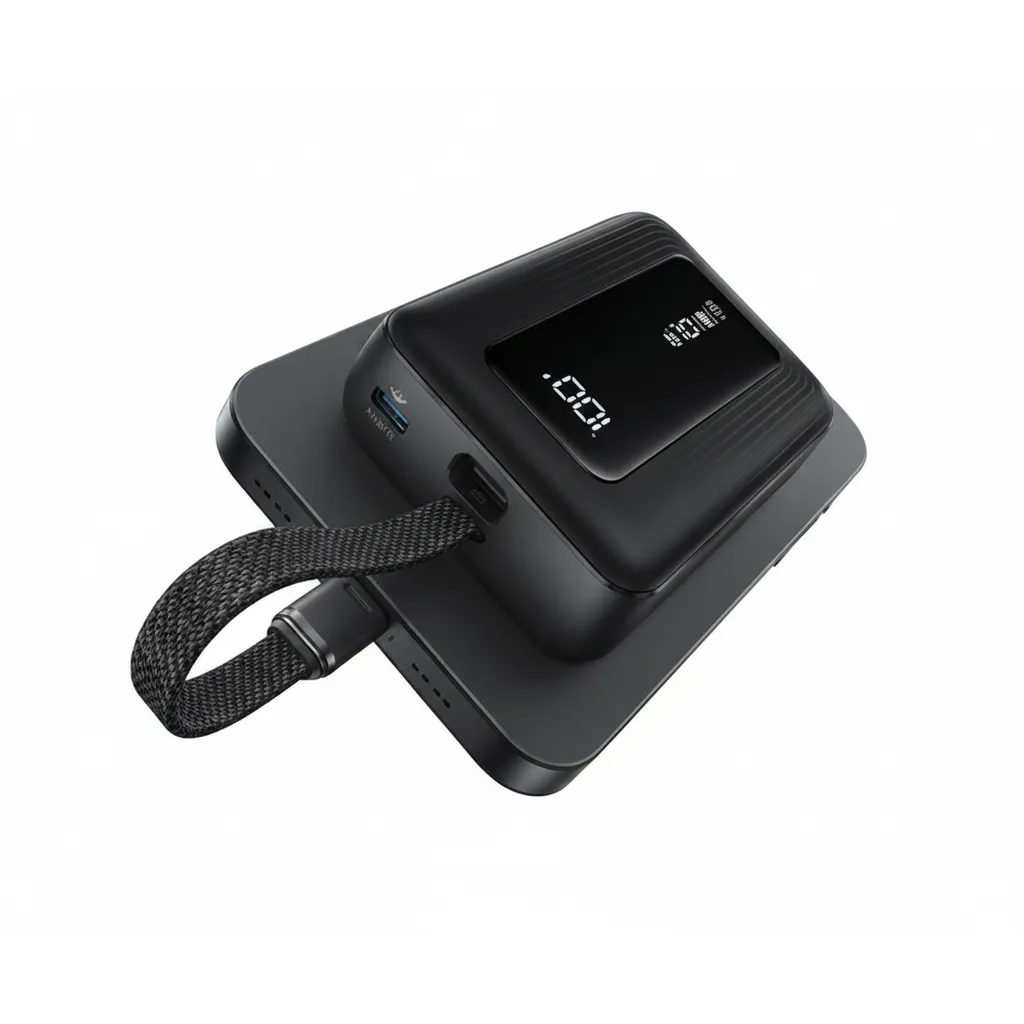 بنك الطاقة Anker Zolo بسعة 10000 mAh وقوة 30W (A1688H11) مع كابل USB-C مدمج باللون الأسود.