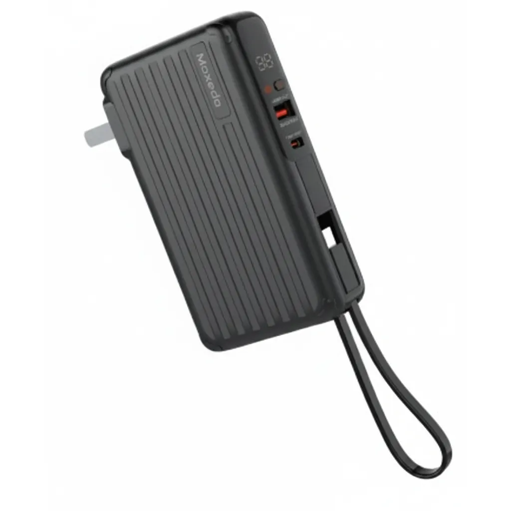 بنك الطاقة Moxedo Porta-Go بسعة 10000 mAh وقوة 22.5W (MX-PB013) مع قابس AC مدمج باللون الأسود.