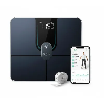 ميزان Anker Eufy الذكي P3 (T9150K11) باللون الأسود، يظهر سطحًا زجاجيًا أنيقًا لتتبع 16 مؤشرًا للجسم، ومعدل ضربات القلب، ونمذجة ثلاثية الأبعاد للجسم.