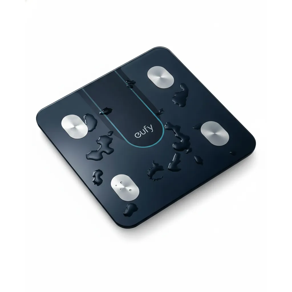 ميزان Anker Eufy الذكي P2 (T9148K11) باللون الأسود، يظهر سطحًا زجاجيًا أنيقًا لتتبع 15 مؤشرًا للجسم.