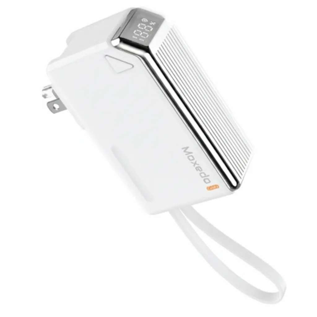بنك طاقة Moxedo Porta-Go بسعة 5,000 mAh وقوة 22.5W باللون الأبيض مع قابس AC مدمج، MX-PB016.