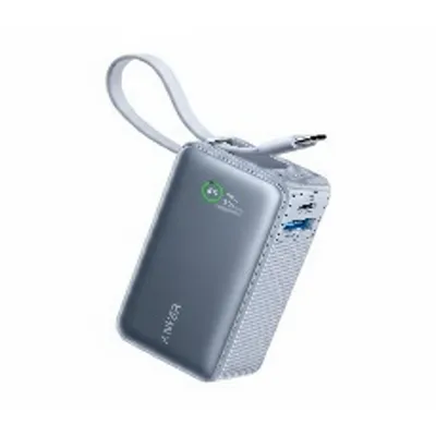 بنك طاقة Anker 533، أزرق وأبيض، خرج 30W، مع كابل USB-C مدمج.