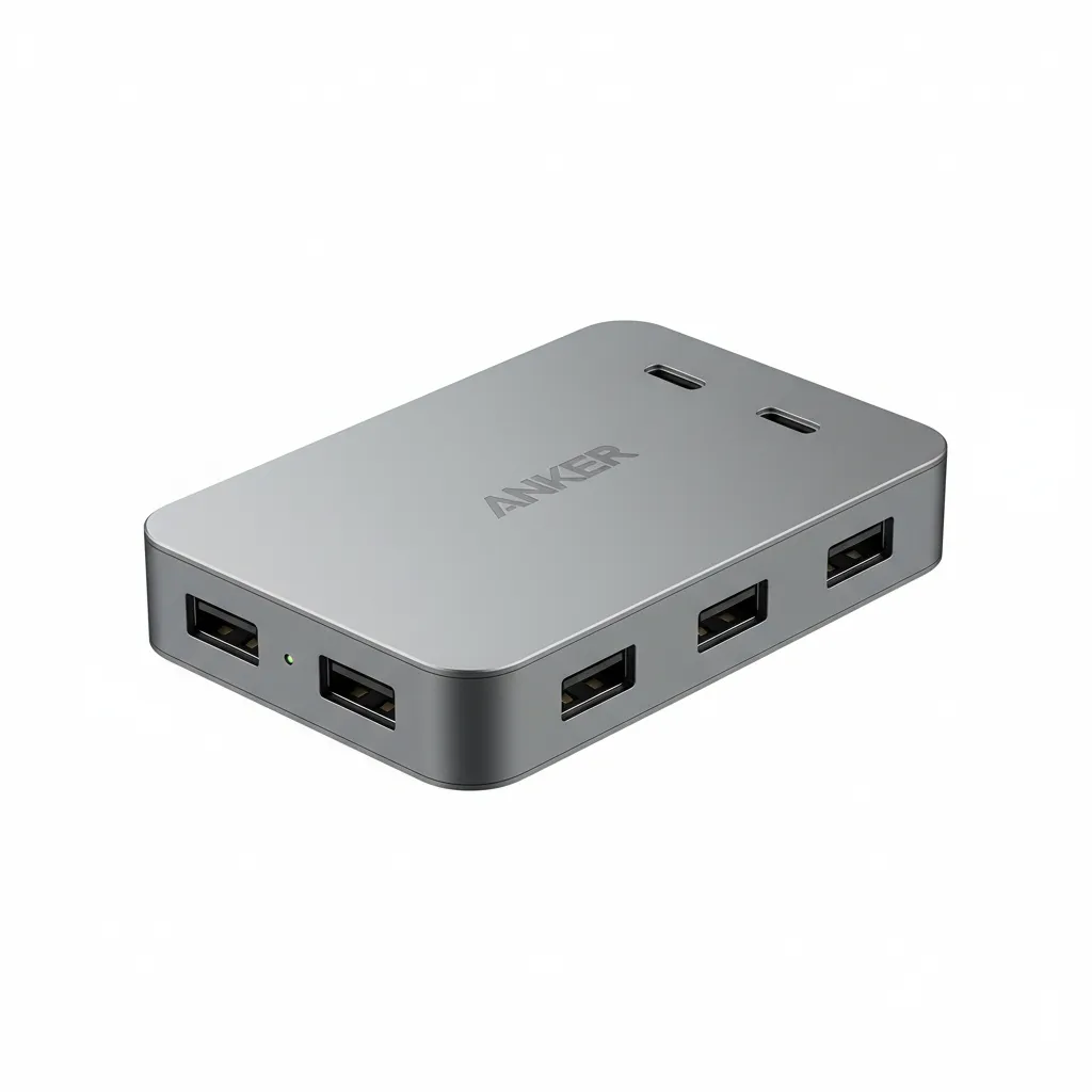 موزع Anker PowerExpand+ 7-in-1 USB-C PD Ethernet موديل A8352HA1 باللون الرمادي، يتميز بتوصيل الطاقة وشبكة سلكية مستقرة.