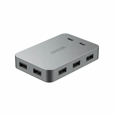 موزع Anker PowerExpand+ 7-in-1 USB-C PD Ethernet موديل A8352HA1 باللون الرمادي، يتميز بتوصيل الطاقة وشبكة سلكية مستقرة.