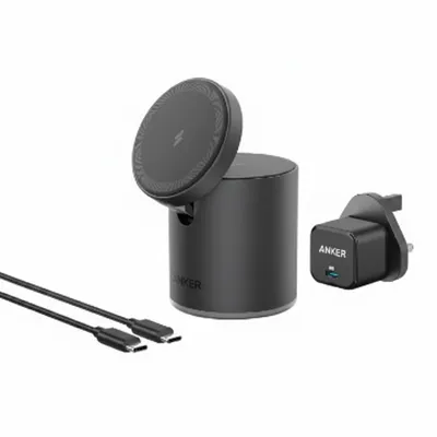 شاحن Anker 623 ماغو اللاسلكي المغناطيسي B2568211 باللون الأسود، يشحن iPhone وسماعات AirPods على حامل قابل للتعديل.