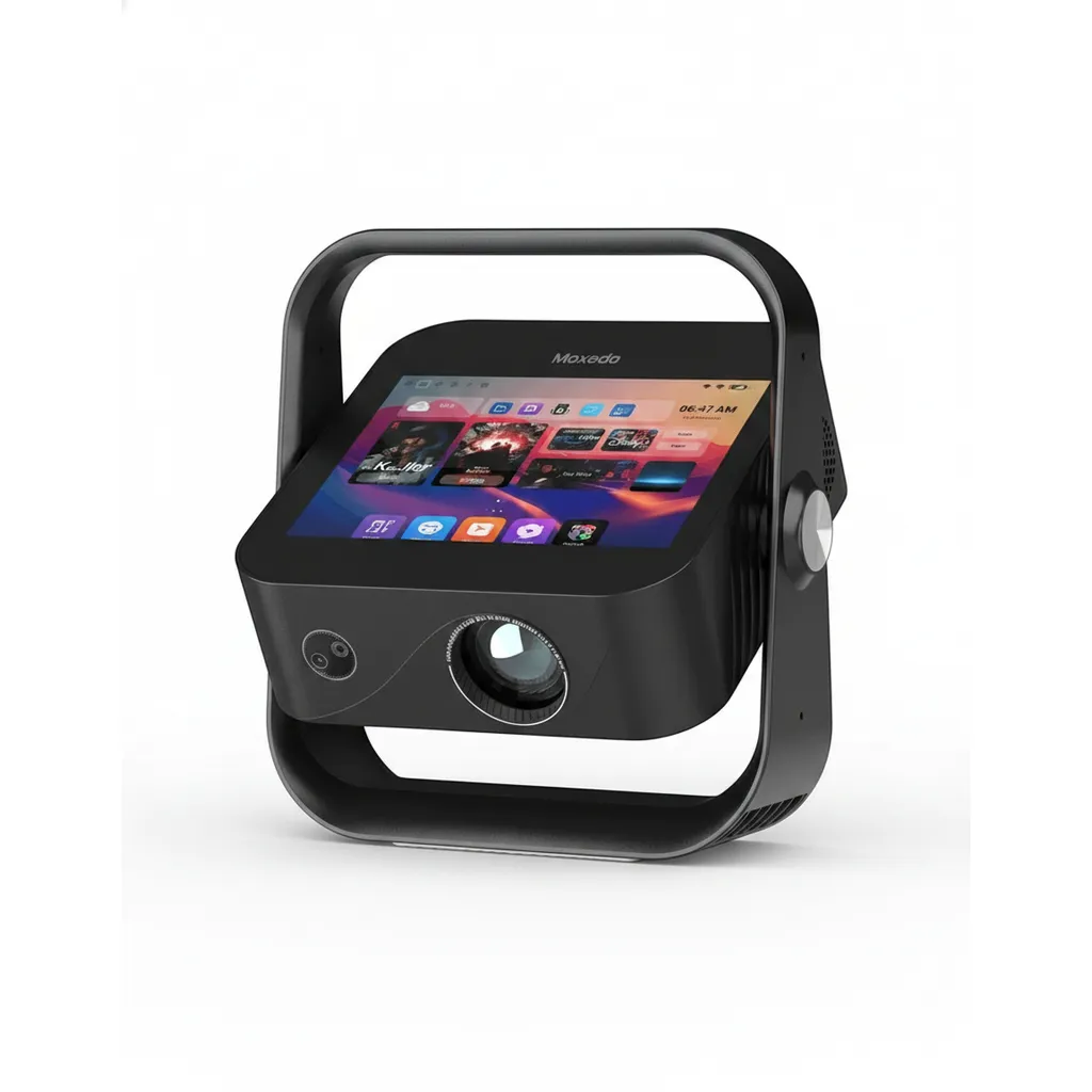 جهاز عرض Moxedo Nebulux Smart Android MX-NSP012 باللون الأسود، يتميز بنظام تشغيل Android للبث الذكي والوصول إلى التطبيقات.