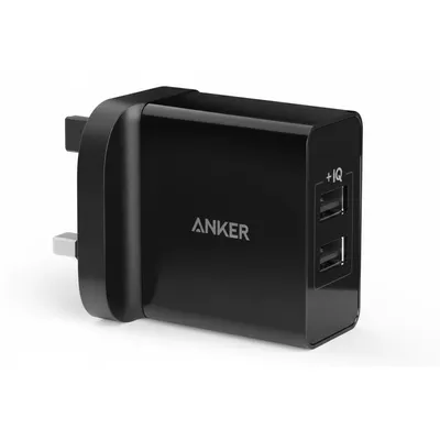 محول شحن Anker 24W بمنفذين USB UK A2021K11 أسود، لشحن جهازين في وقت واحد.